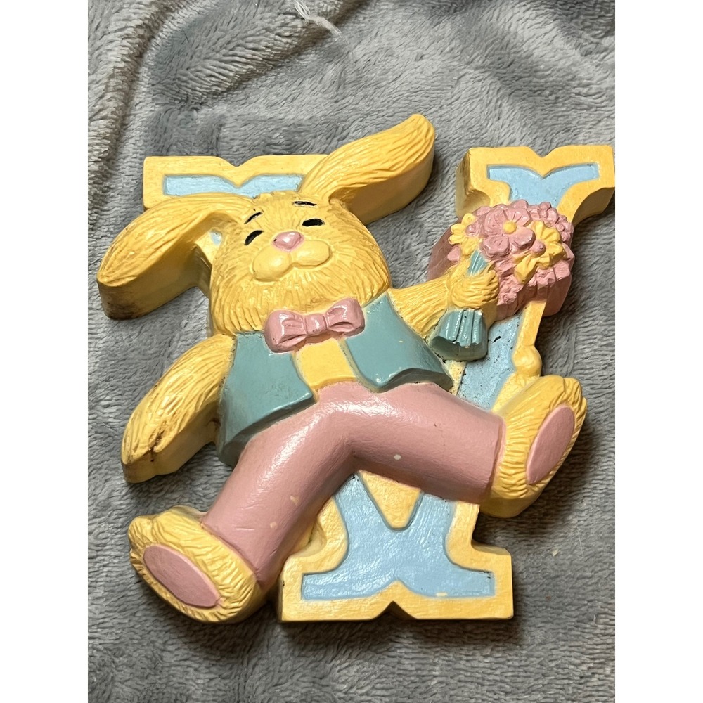 Vintage 1991 Burwood Products Bunny Rabbit Letter V Wall Plaque Pastel Decor